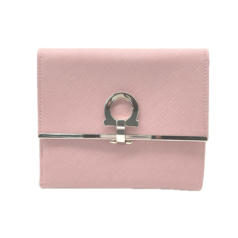 Salvatore Ferragamo Gancini Bar Compact Wallet 22-4639 Bi-fold Pink Calf Leat...